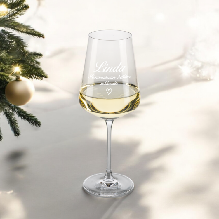 Valkoviinilasi kaiverruksella, joululahja